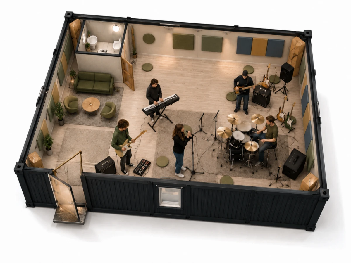 Illustrasjon av hvordan øvingskontaineren kan se ut inne, med band, sofakrok og lydpaneler
